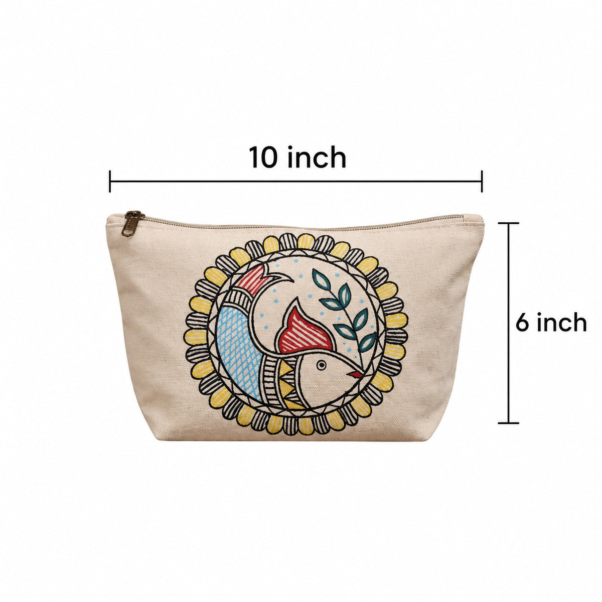 In-use lifestyle view of the artisan hand-painted cotton pouch styled with everyday beauty and travel accessories