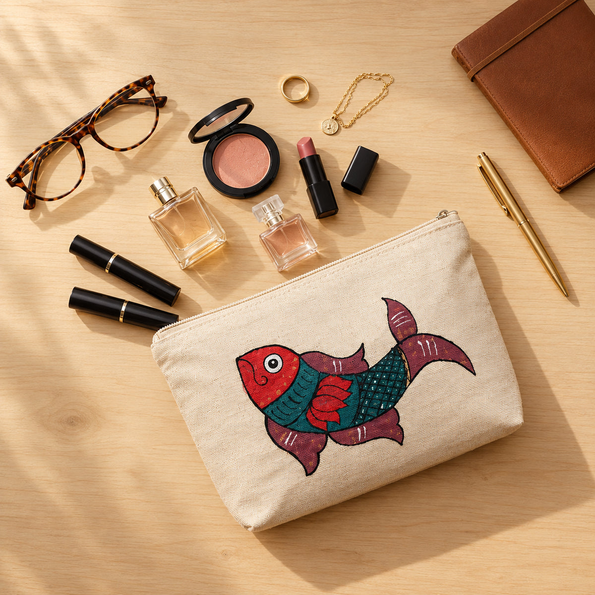 Display of the cotton pouch showing its positioning and size relative to daily carry items.