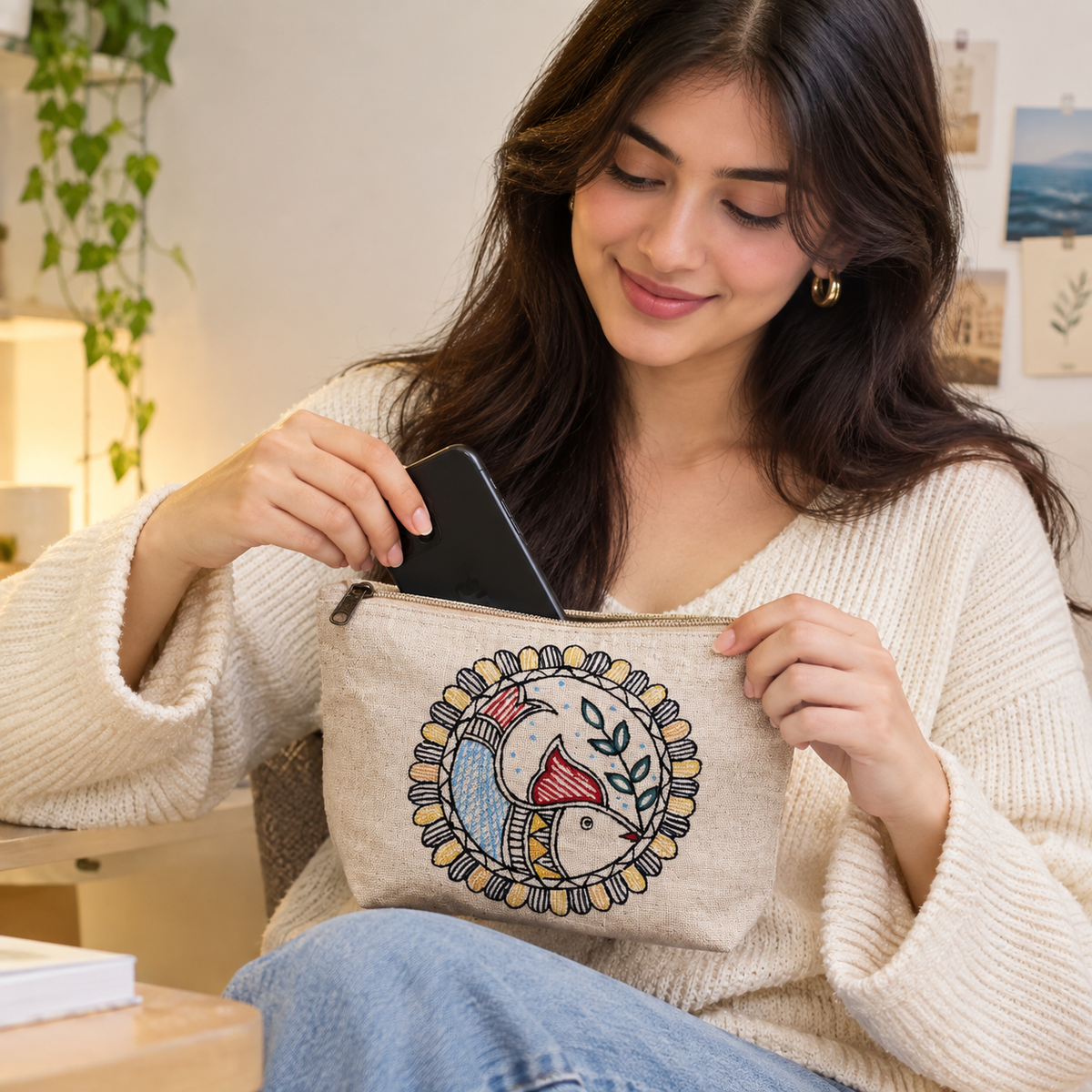 Detailed close-up of intricate hand-painted fish artwork on natural cotton fabric pouch