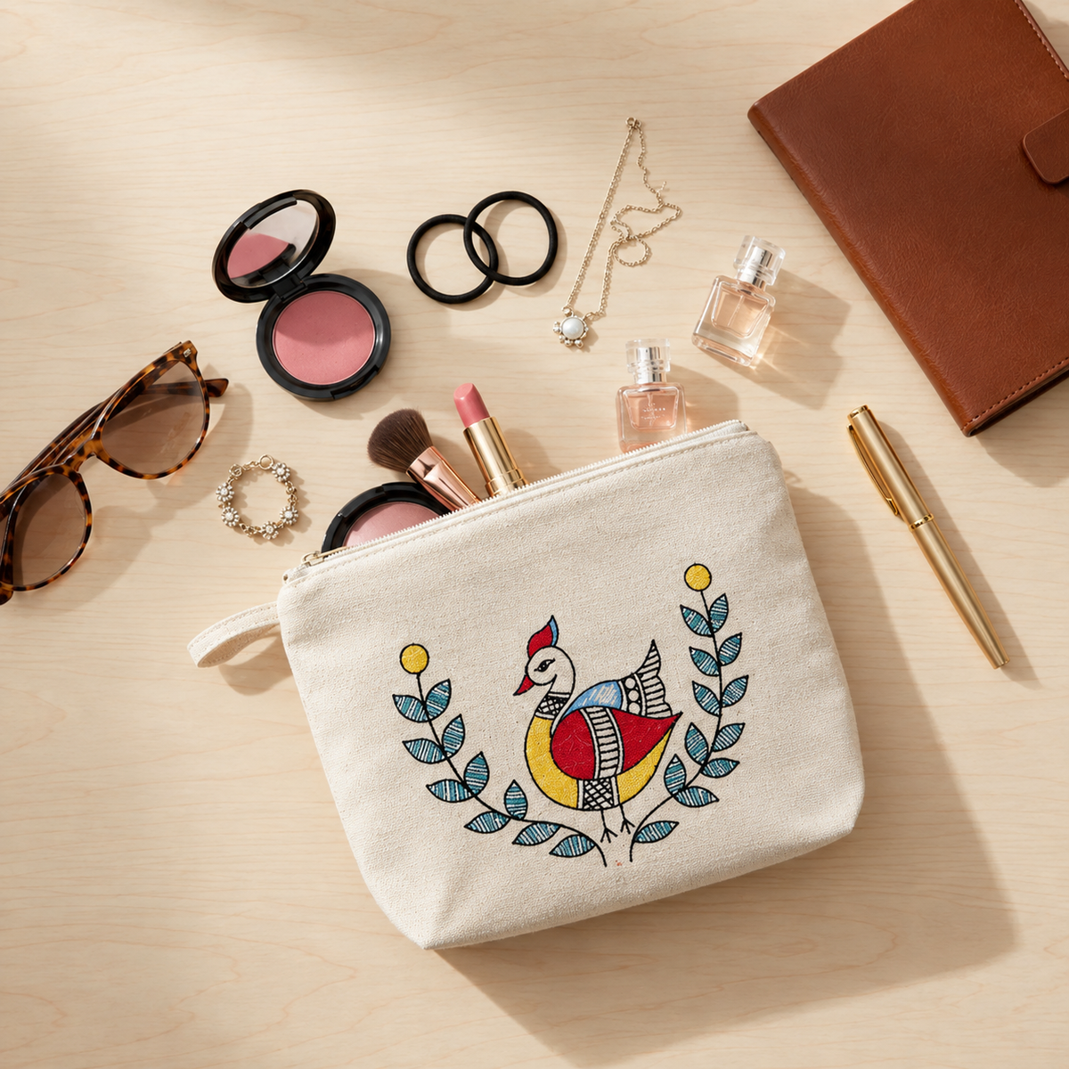 Back view or interior open compartment of the hand painted cotton canvas pouch