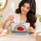 A cotton pouch being used to store cosmetics and personal items.