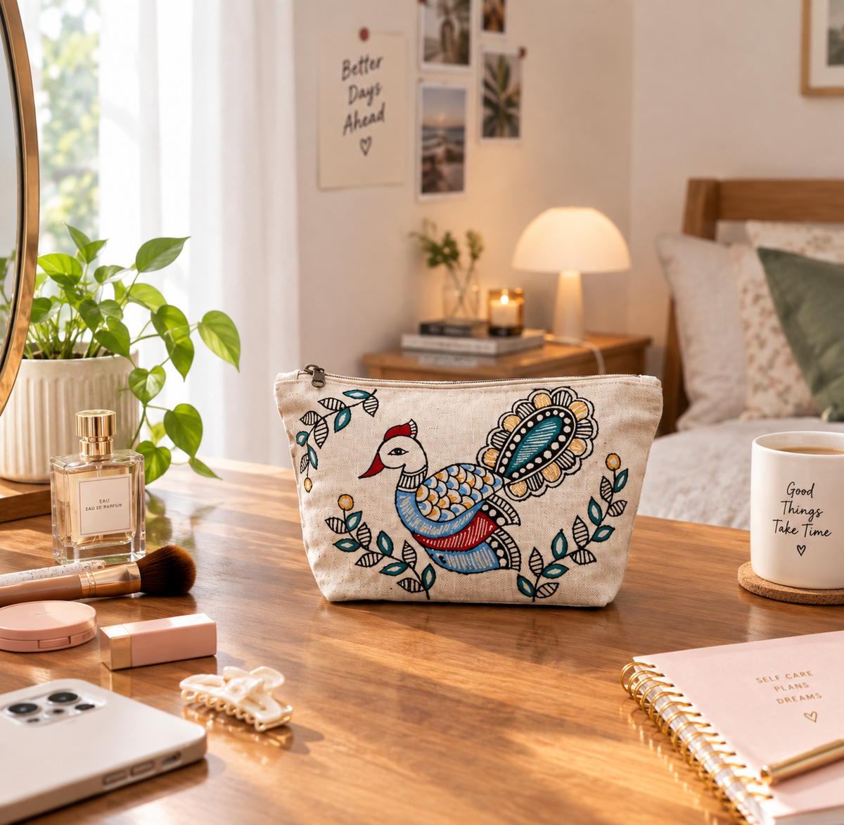 Detail view of the artistic peacock painting on cotton pouch