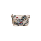 Front view of a hand painted cotton pouch featuring a colorful peacock design