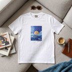 Fabric texture and tag detail of the premium white hand-painted cotton t-shirt.