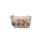 Front view of hand painted cotton canvas zipper pouch with folk art fish motif on white background