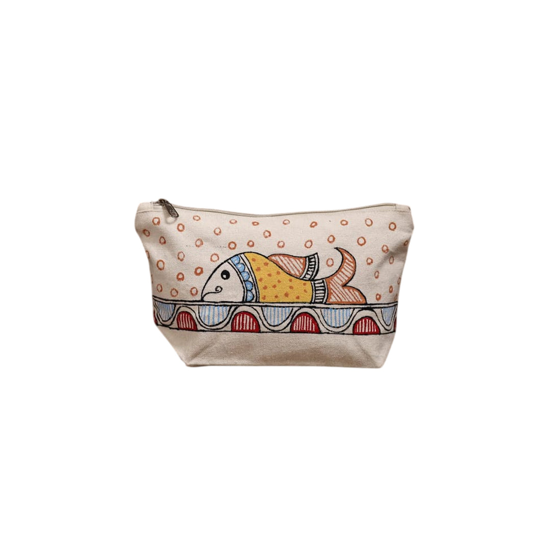 Front view of hand painted cotton canvas zipper pouch with folk art fish motif on white background