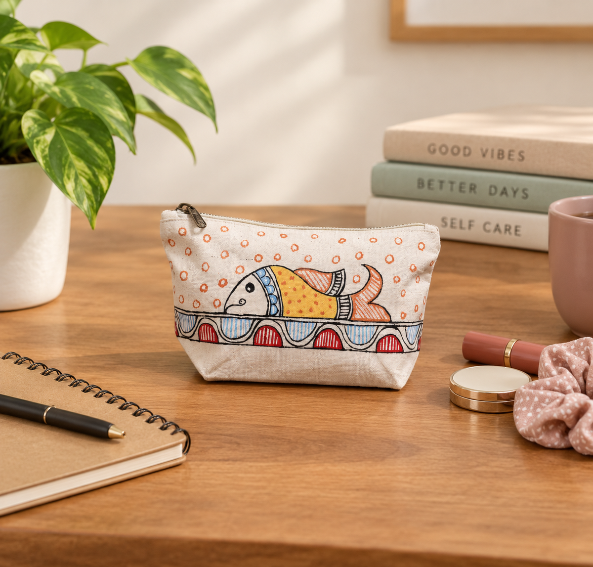 Lifestyle placement shot of the hand painted cotton fish pouch on a table setting