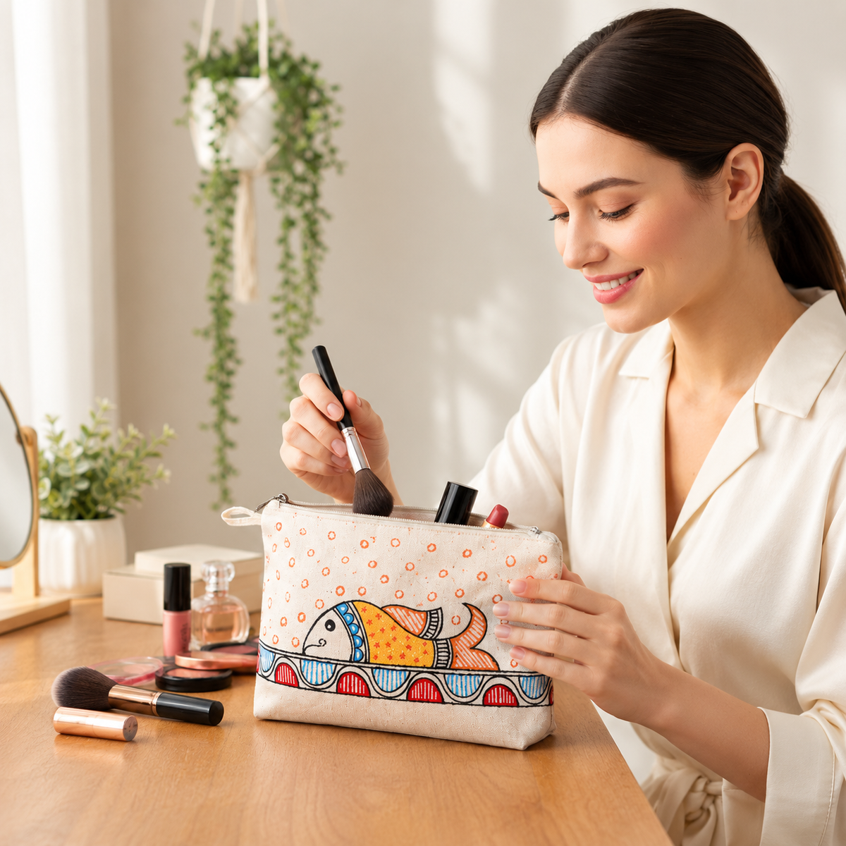 Hand painted cotton pouch shown opened with daily cosmetic and personal essentials inside