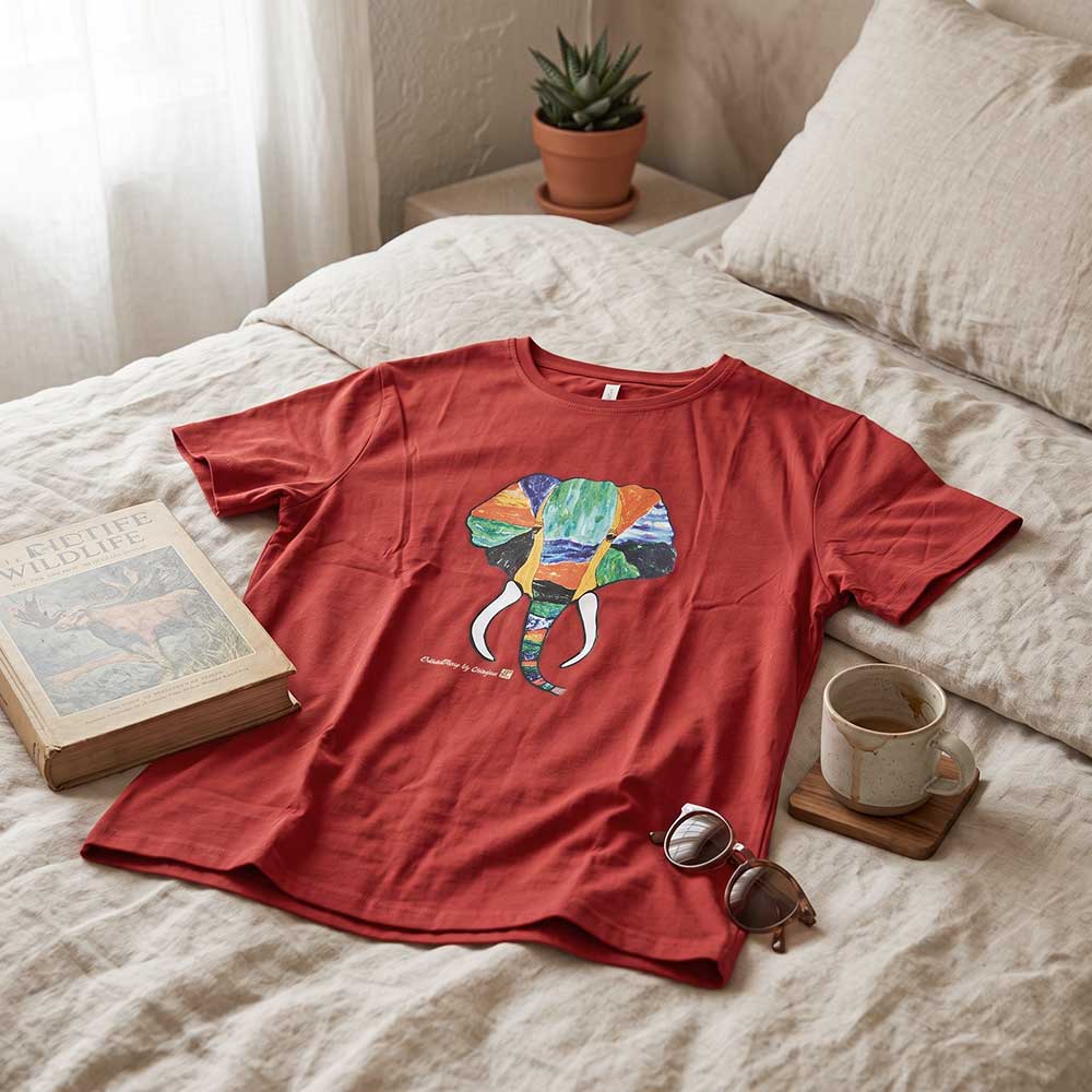Back view of the vibrant hand-painted elephant cotton t-shirt on a hanger.