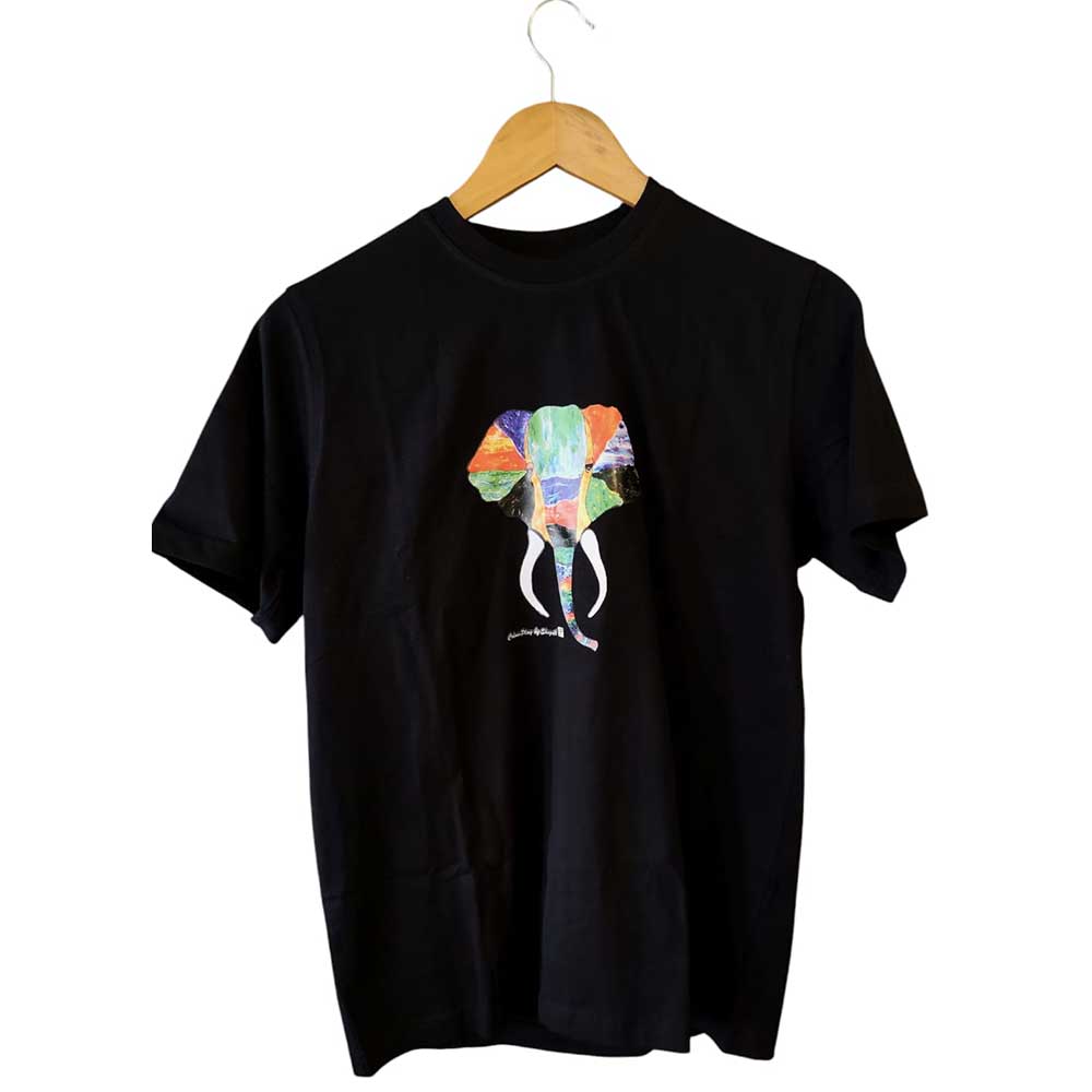 Front view of a black artisan hand-painted elephant graphic cotton T-shirt on a wooden hanger