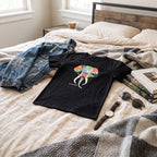 Side angle view of the hand-painted elephant cotton t-shirt showing fit and sleeve detail