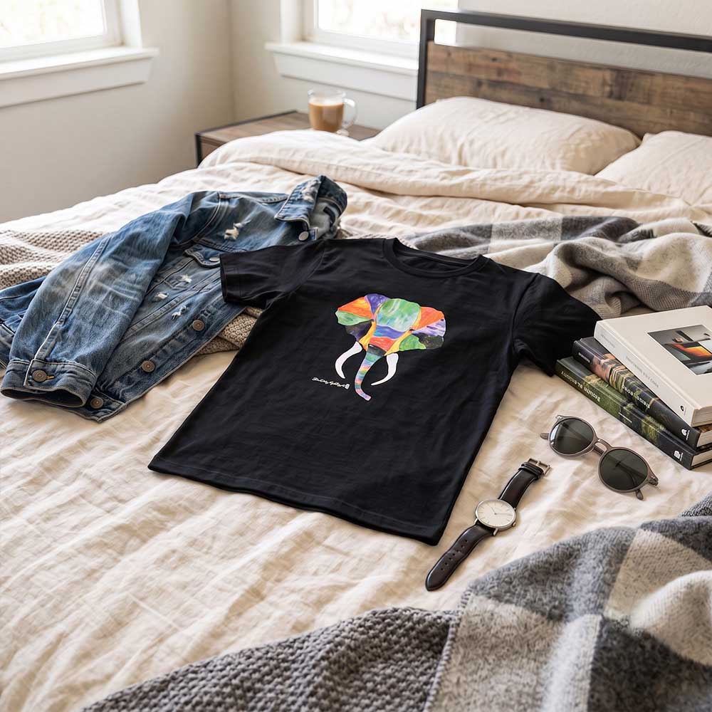 Side angle view of the hand-painted elephant cotton t-shirt showing fit and sleeve detail