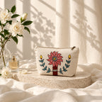 Detail of the hand-painted floral art on the cotton fabric pouch.