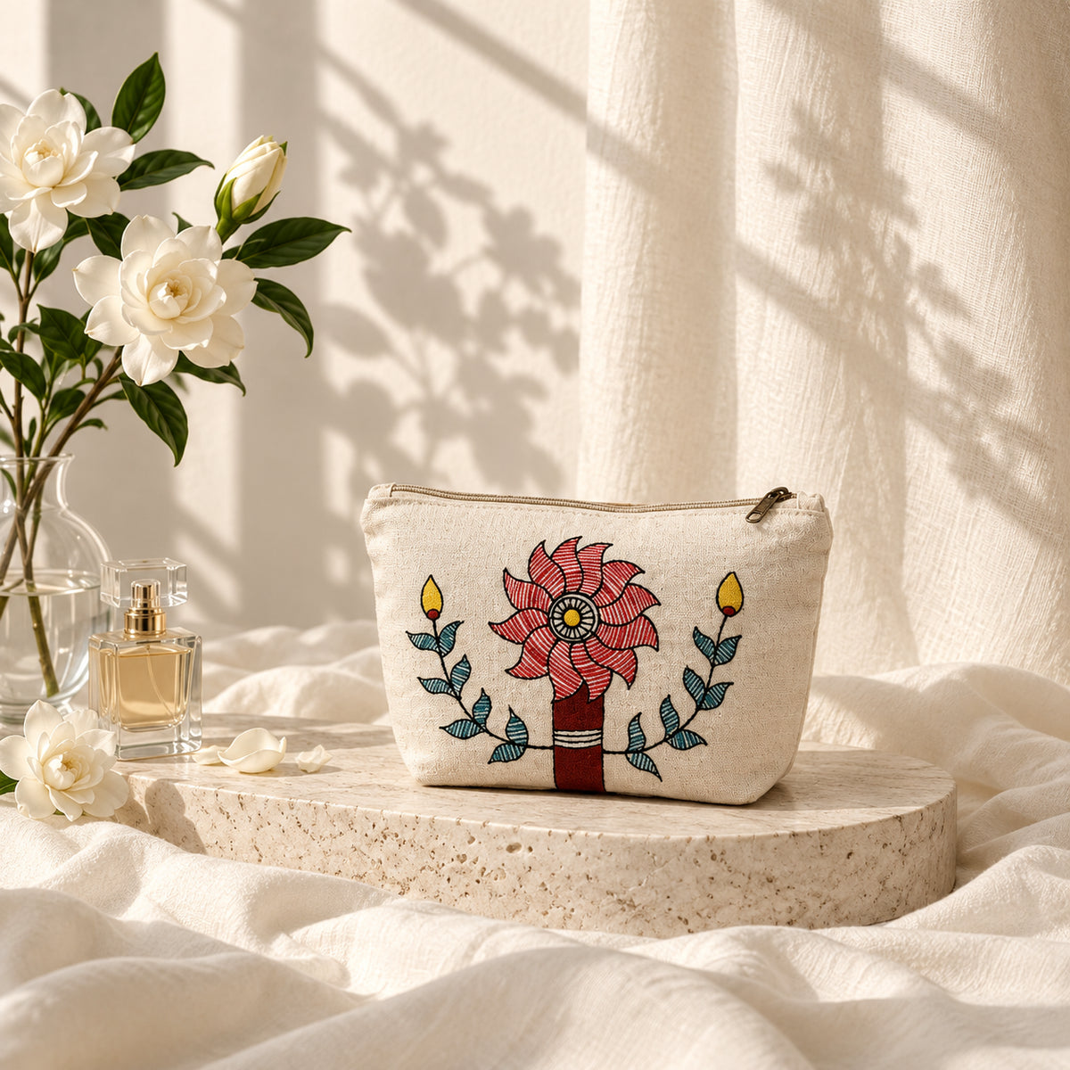 Detail of the hand-painted floral art on the cotton fabric pouch.