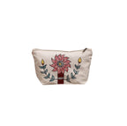 Hand-painted floral cotton pouch with vibrant red flower design, front view.
