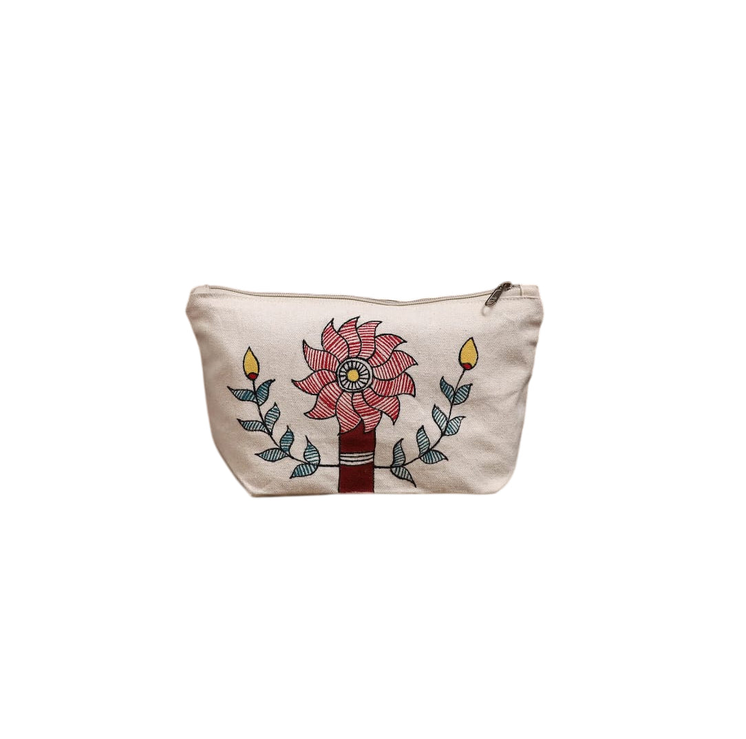 Hand-painted floral cotton pouch with vibrant red flower design, front view.