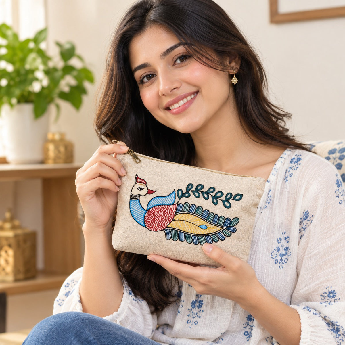 Close-up detail of hand-painted folk art peacock illustration on natural cotton canvas pouch