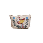 Front view of hand-painted cotton canvas pouch featuring a folk-art peacock and floral wreath design