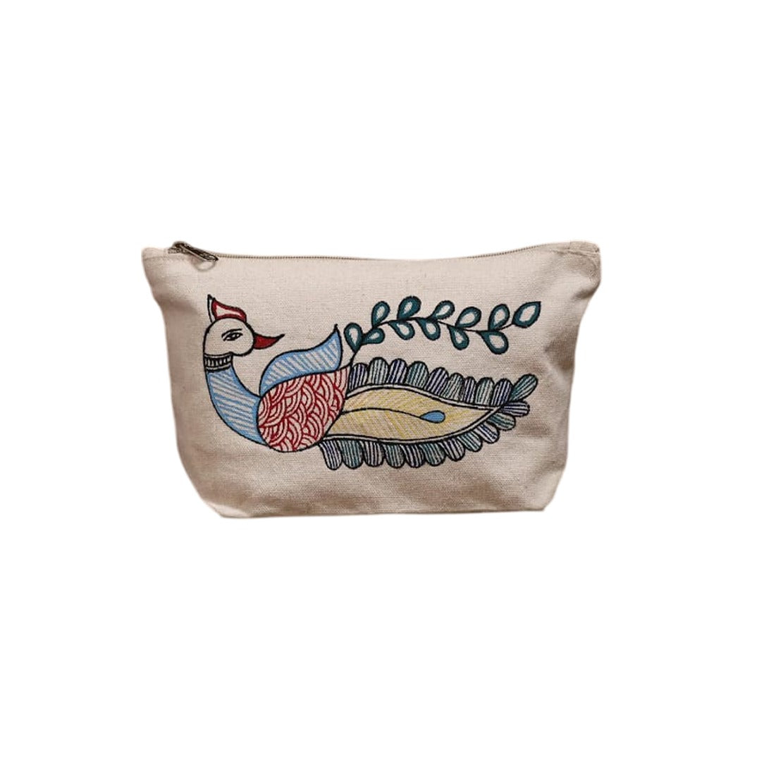 Front view of hand-painted cotton canvas pouch featuring colorful peacock motif with secure zip closure