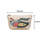 Top-down view of hand-painted cotton zipper pouch highlighting zipper closure and storage capacity