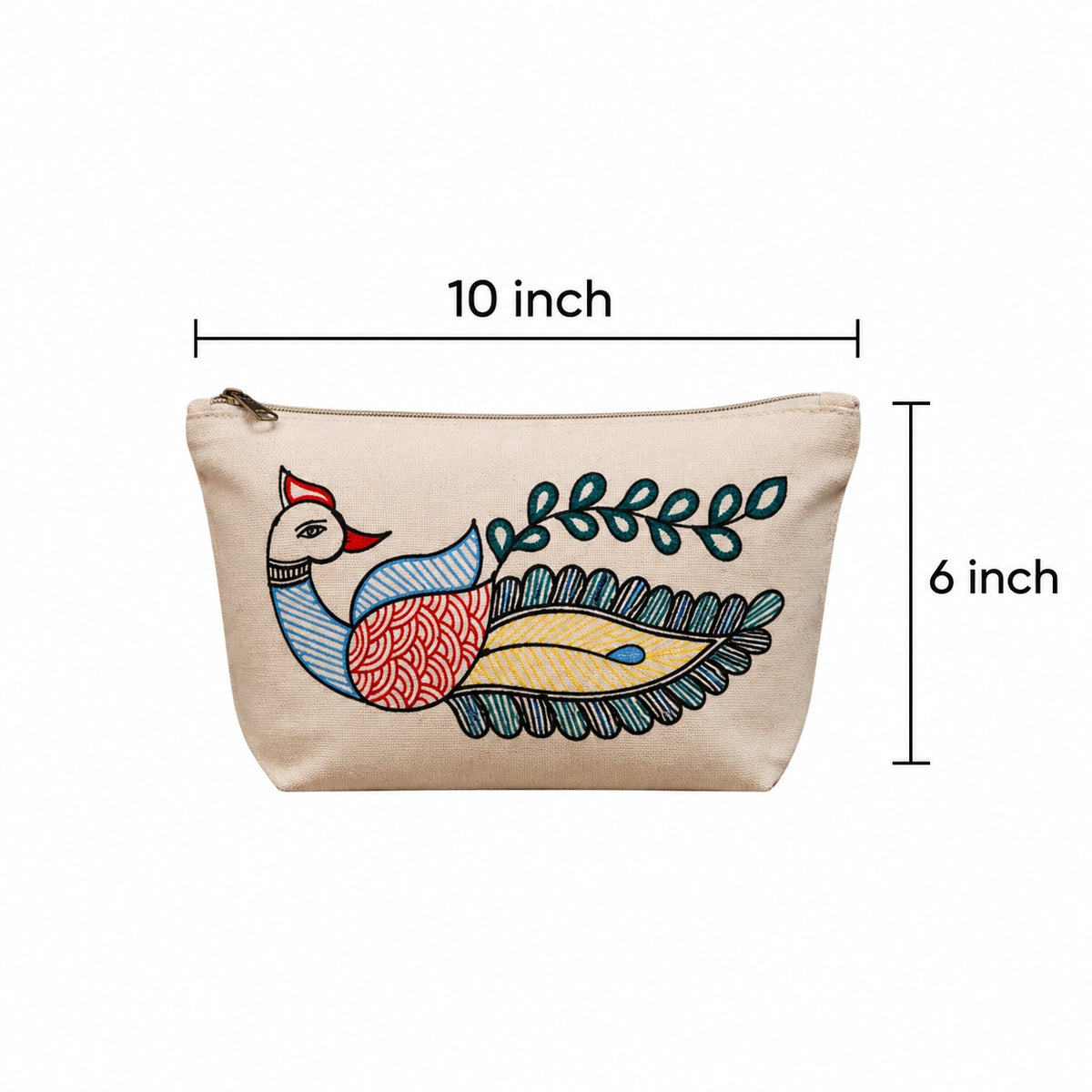 Top-down view of hand-painted cotton zipper pouch highlighting zipper closure and storage capacity