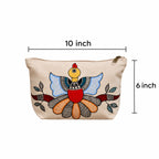 Alternative perspective showing zipper closure and side silhouette of hand-painted cotton pouch