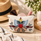 Artistic placement and proportion view of hand-painted peacock design on cotton canvas pouch