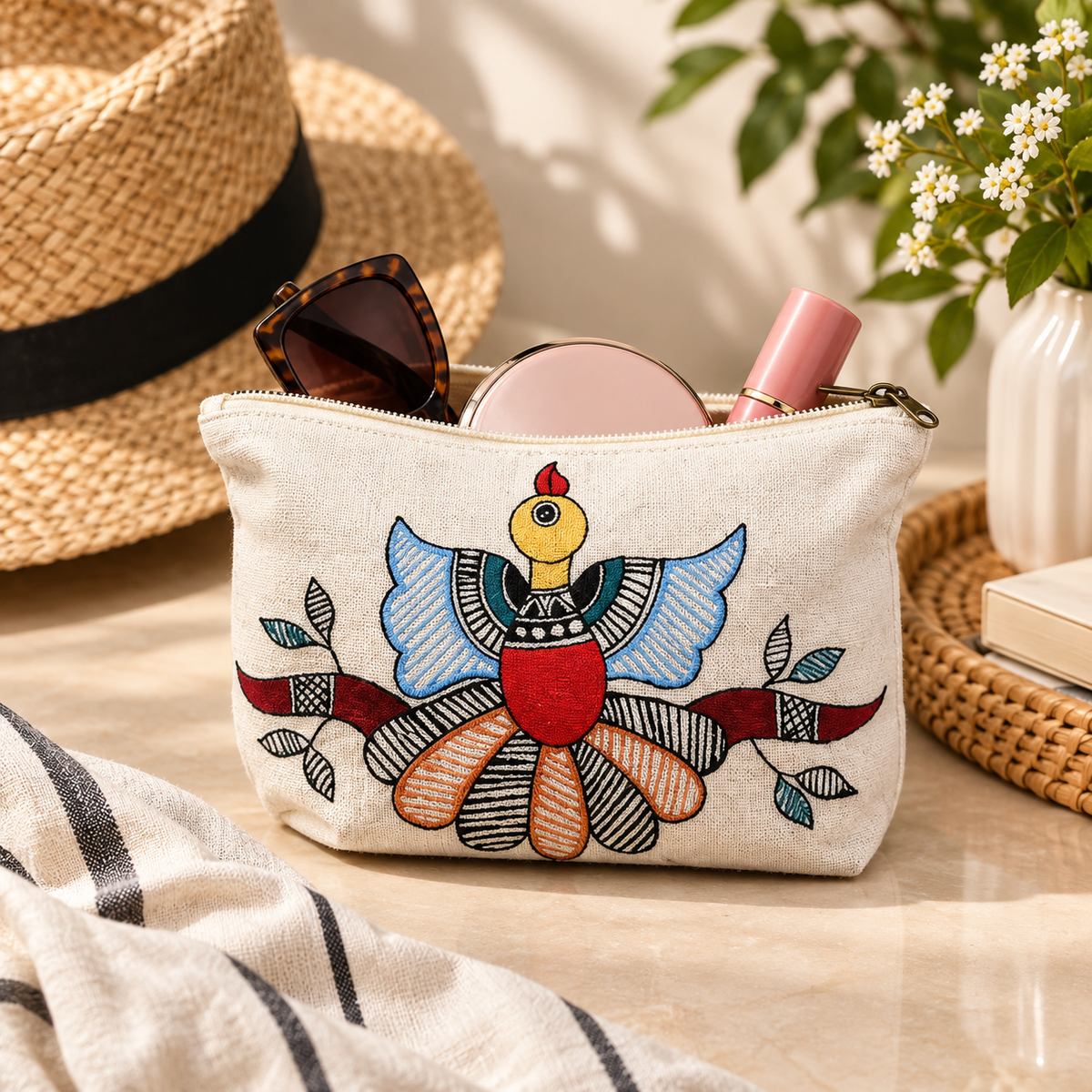 Artistic placement and proportion view of hand-painted peacock design on cotton canvas pouch