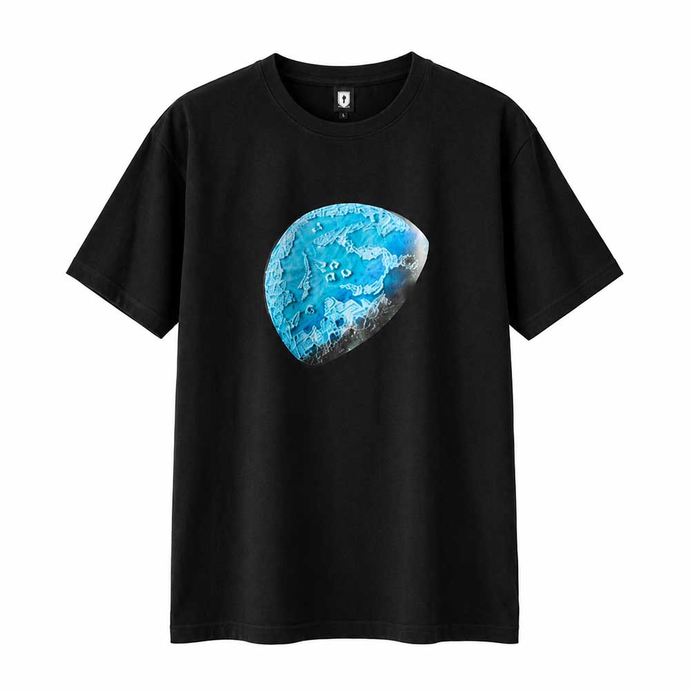 Front view of an artisan hand-painted black cotton T-shirt featuring a vibrant blue planet graphic.