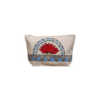 Front view of a hand painted cotton pouch featuring a red lotus design on a cream background.
