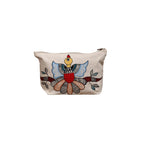 Front view of natural cotton canvas pouch with hand-painted folk art red peacock and botanical branch design