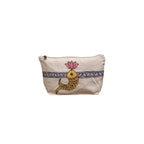 Front view of hand painted cotton canvas pouch featuring a yellow fish and pink lotus motif