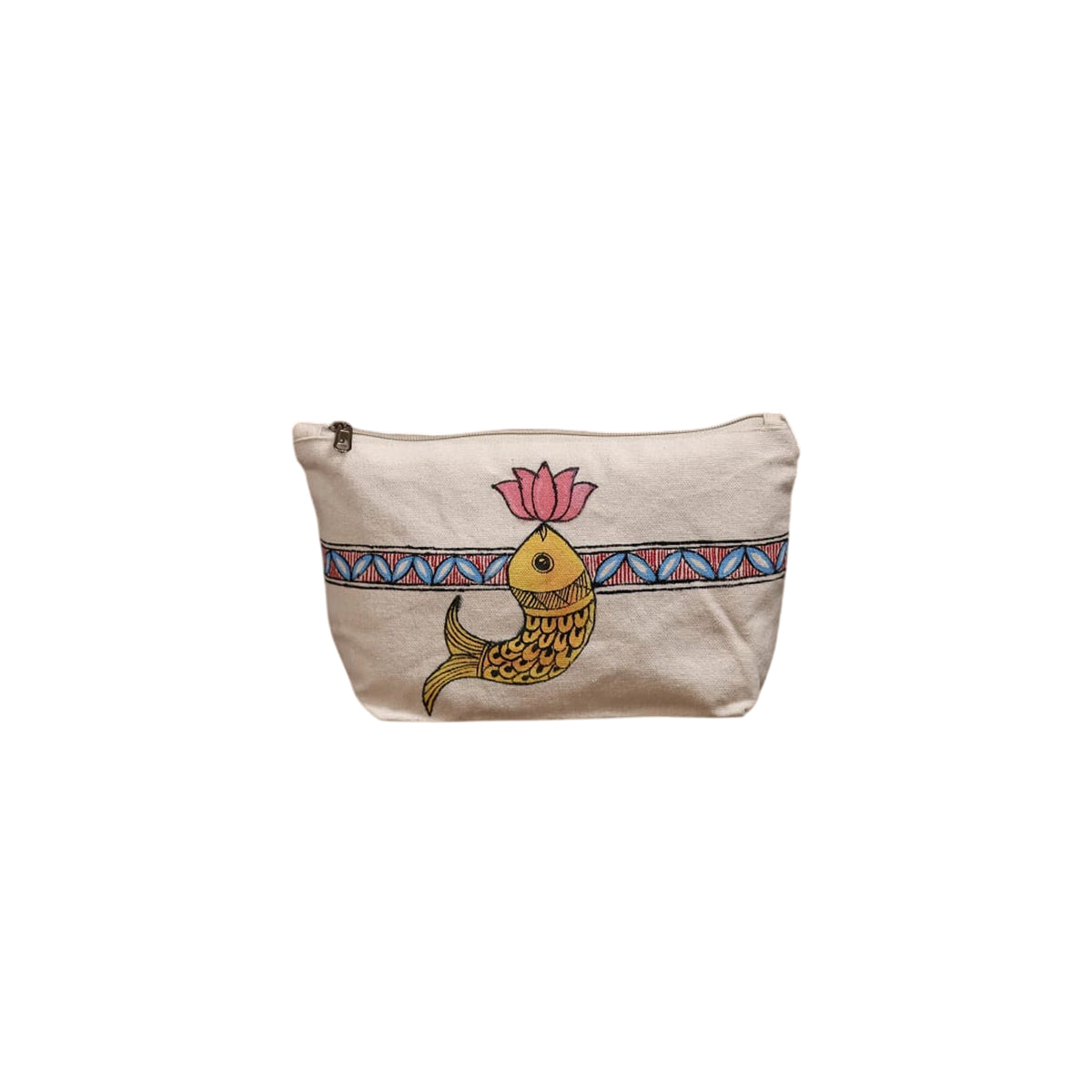 Front view of hand painted cotton canvas pouch featuring a yellow fish and pink lotus motif
