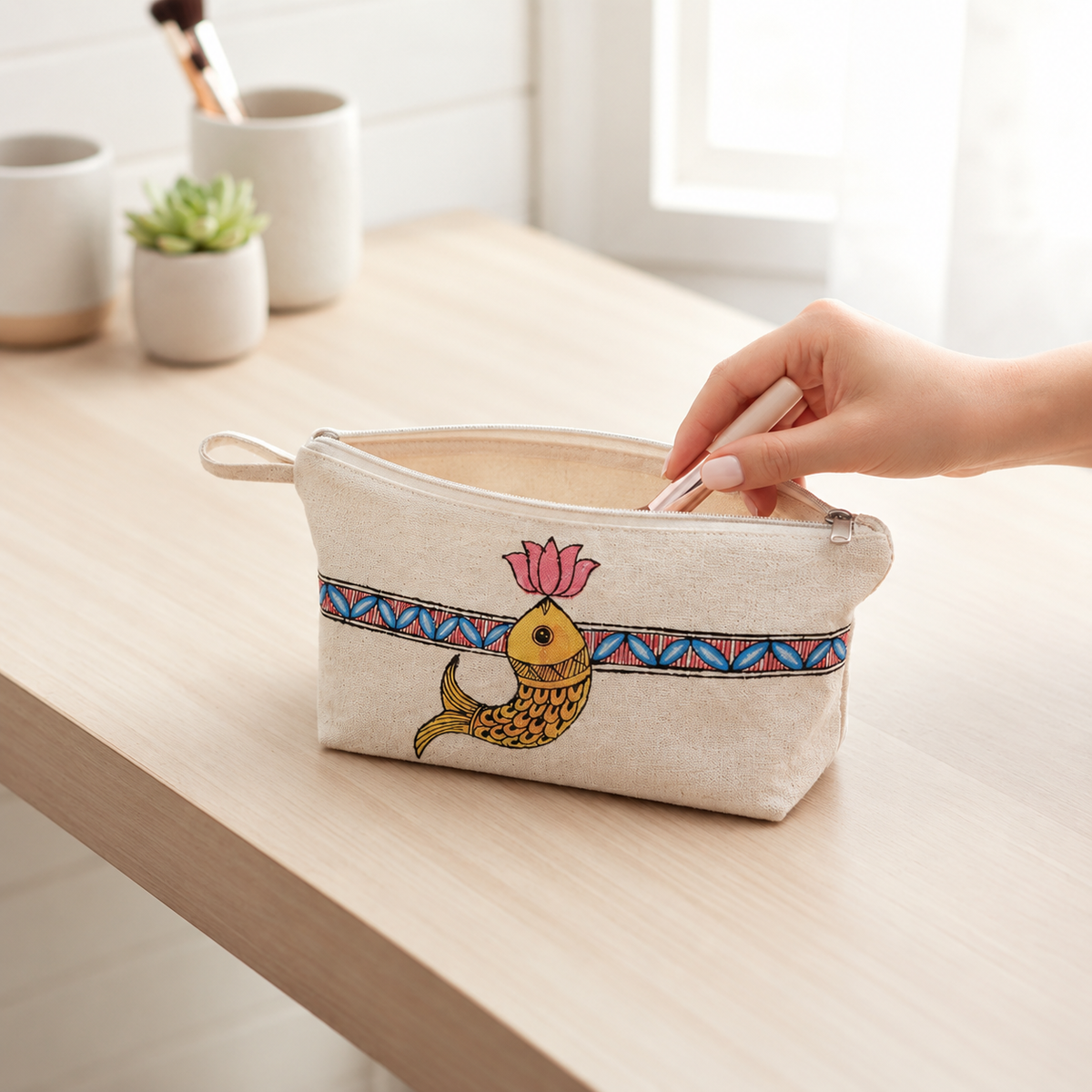 Side perspective view of hand painted cotton canvas zipper pouch