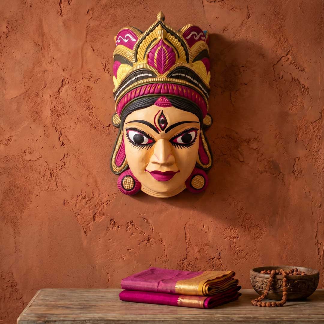 Hand-Painted Gamari Wood Divine Goddess Wall Mask