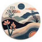 A premium round hand-tufted rug featuring a scenic abstract landscape design in earthy tones of blue, green, and terracotta, made from New Zealand wool.