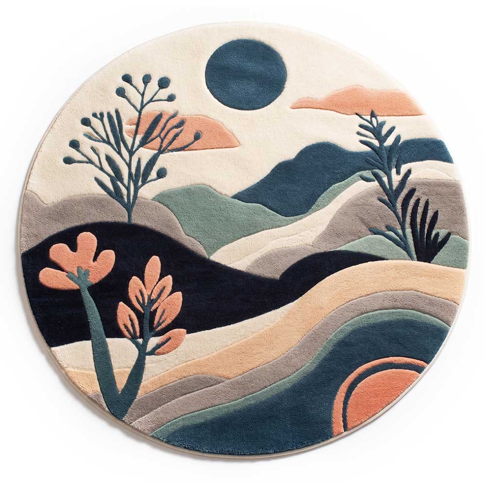 A premium round hand-tufted rug featuring a scenic abstract landscape design in earthy tones of blue, green, and terracotta, made from New Zealand wool.