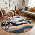 The round artisan wool rug placed in a modern living room setting to showcase room scale and decor compatibility.