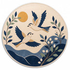 Artisan hand-tufted round rug featuring a flying bird design, crafted from premium New Zealand wool by Bhadohi weavers.