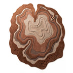 Top-down view of an abstract organic-shaped hand-tufted wool rug in layered brown and beige tones.