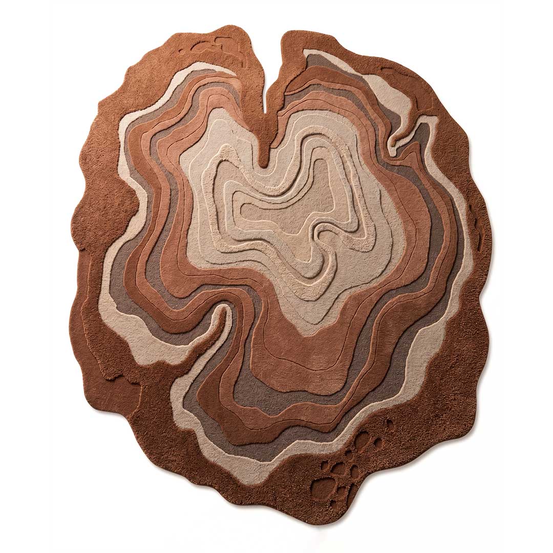 Top-down view of an abstract organic-shaped hand-tufted wool rug in layered brown and beige tones.
