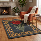 Close-up view of the intricate golden border craftsmanship on the New Zealand wool floral rug.
