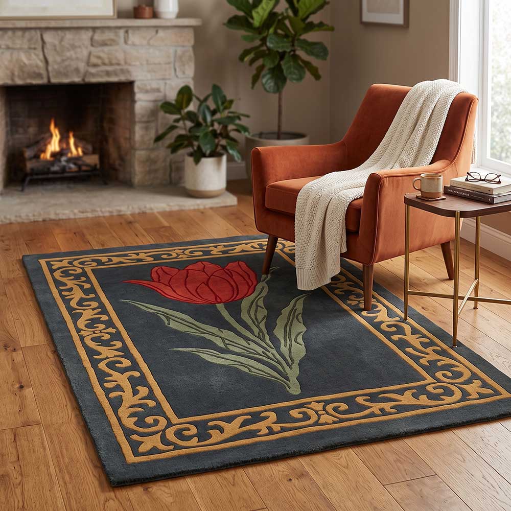 Close-up view of the intricate golden border craftsmanship on the New Zealand wool floral rug.