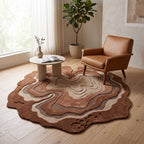 Lifestyle view of the abstract wool rug placed in a modern living room setting.