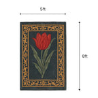 Close-up detail of the hand-tufted wool texture and red tulip pattern of the area rug.
