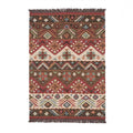 Artisanal hand-woven Mirzapur Kilim wool rug with geometric Southwestern patterns in earth tones, top-down view