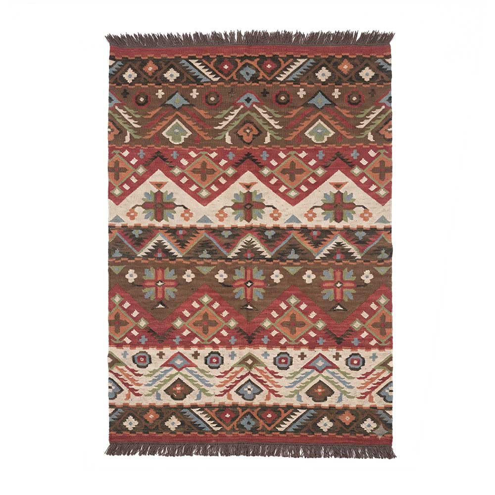 Artisanal hand-woven Mirzapur Kilim wool rug with geometric Southwestern patterns in earth tones, top-down view