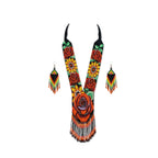 Front view of a handcrafted beaded Y-necklace and fringe earring set featuring red roses and yellow sunflowers.