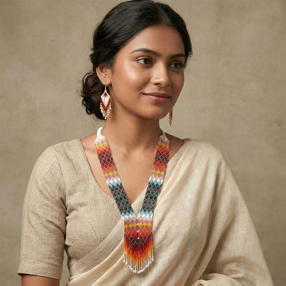 Detailed view of matching multi-color seed bead fringe dangle earrings with French wire hooks
