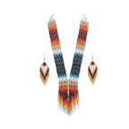 Handcrafted geometric multi-color seed bead statement necklace with matching fringe dangle earrings on white background